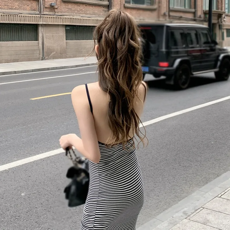 K-POP Inspired Halter Dress: Retro Stripe Backless Streetwear for Gen Z & Y2K Fashion