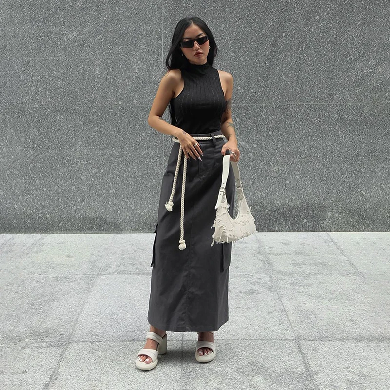 K-POP Inspired High Waist Mid-Calf Skirt for Gen Z & Y2K Fashion | Streetwear Chic with Pockets | Elegant Party