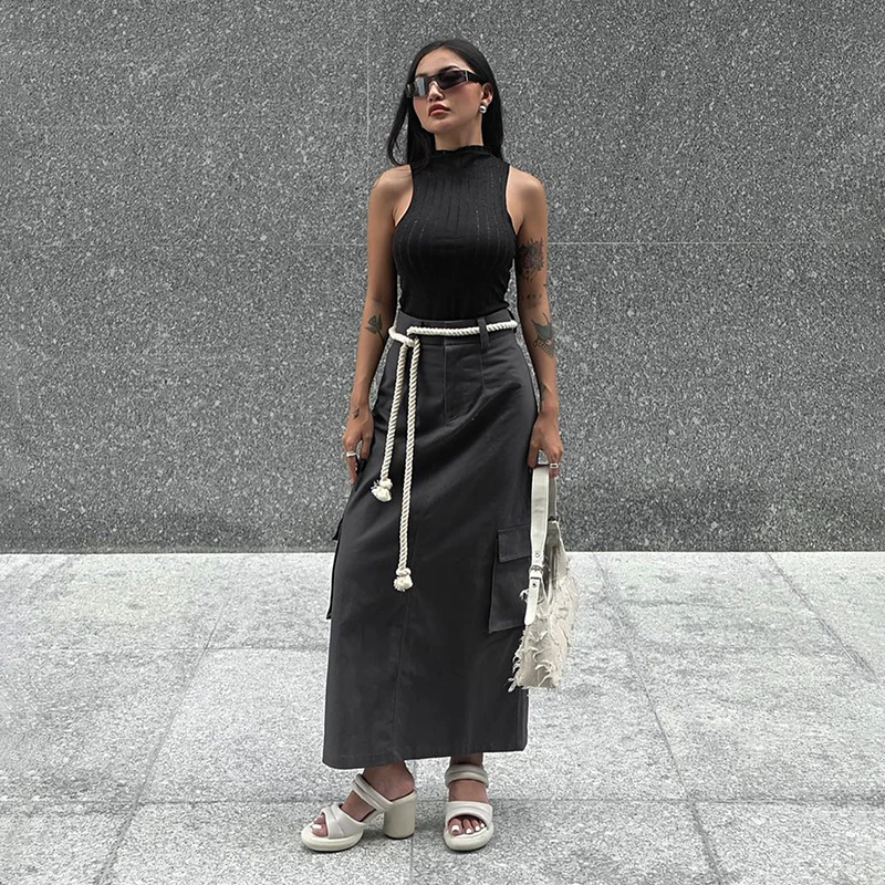 K-POP Inspired High Waist Mid-Calf Skirt for Gen Z & Y2K Fashion | Streetwear Chic with Pockets | Elegant Party