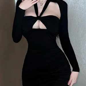 K-POP Inspired Hollow Out V-Neck Long Sleeve Wrap Dress for Women