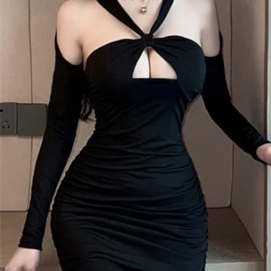 K-POP Inspired Hollow Out V-Neck Long Sleeve Wrap Dress for Women