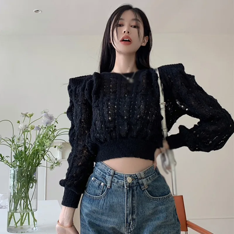 K-POP Inspired Hollow Shoulder Spring Sweater for Gen Z & Y2K Fashion | Long Sleeve Knitwear