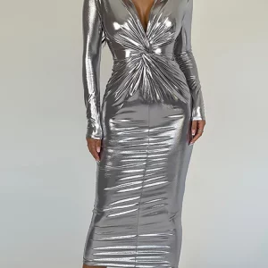 K-POP Inspired Leather V-Neck Bodycon Midi Dress for Women - Elegant Winter Fashion for Birthday Parties and Festivals