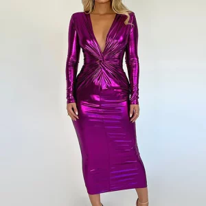 K-POP Inspired Leather V-Neck Bodycon Midi Dress for Women - Elegant Winter Fashion for Birthday Parties and Festivals