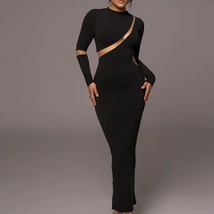 K-POP Inspired Mesh Slit Bodycon Maxi Dress for Women - Elegant Autumn Fashion for Birthday Party