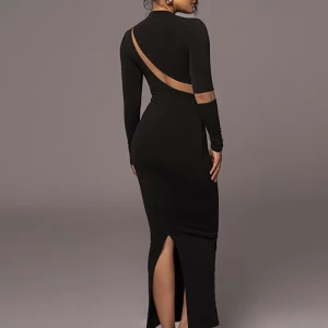 K-POP Inspired Mesh Slit Bodycon Maxi Dress for Women - Elegant Autumn Fashion for Birthday Party
