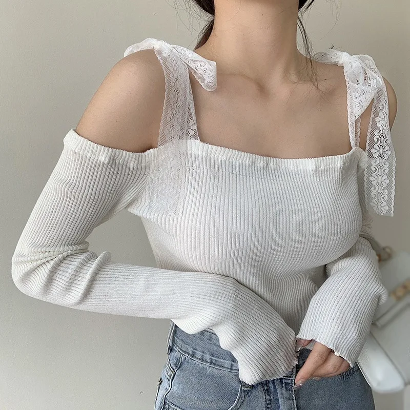 K-POP Inspired Off-Shoulder Lace Trim Slim Fit Top for Gen Z & Y2K Fashion | Streetwear Chic Long Sleeve Shirt