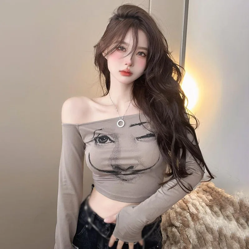 K-POP Inspired Off-Shoulder Long Sleeve Crop Top for Women - Retro Streetwear Fashion