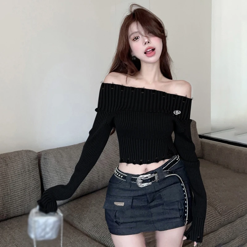 K-POP Inspired Off-Shoulder Sweater for Gen Z & Y2K Fashion | Trendy Knit Pullover with Exposed N