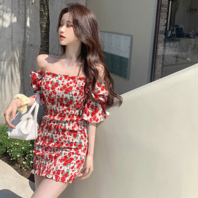 K-POP Inspired One-Shoulder Floral Dress for Gen Z & Y2K Fashion | Square Collar Streetwear for Women