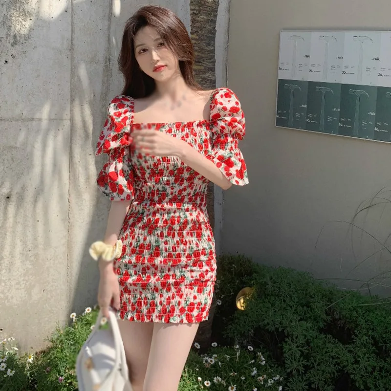 K-POP Inspired One-Shoulder Floral Dress for Gen Z & Y2K Fashion | Square Collar Streetwear for Women