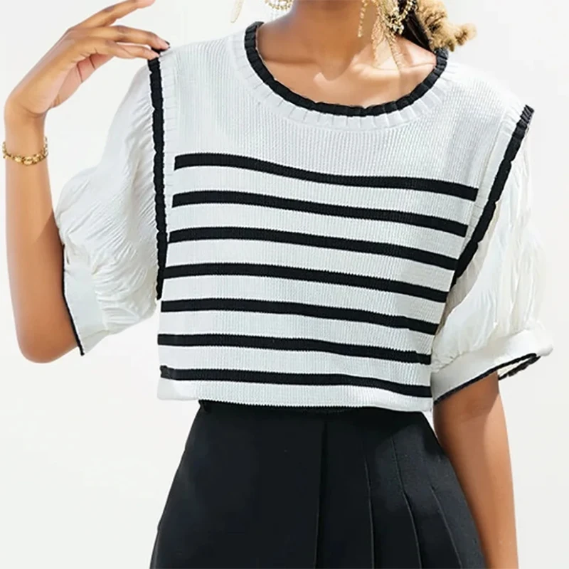 K-POP Inspired Patchwork Chiffon Puff Sleeve Tee for Gen Z & Y2K Fashion | Korean Streetwear Stripes Knit