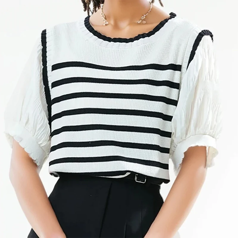 K-POP Inspired Patchwork Chiffon Puff Sleeve Tee for Gen Z & Y2K Fashion | Korean Streetwear Stripes Knit