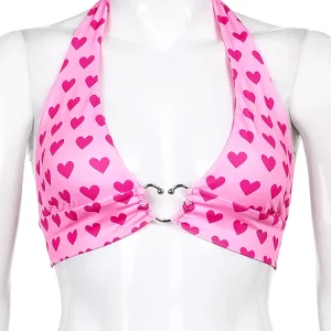 K-POP Inspired Pink Heart Print Bustier Crop Top for Women - Aesthetic Kawaii Style with Lace-Up Back