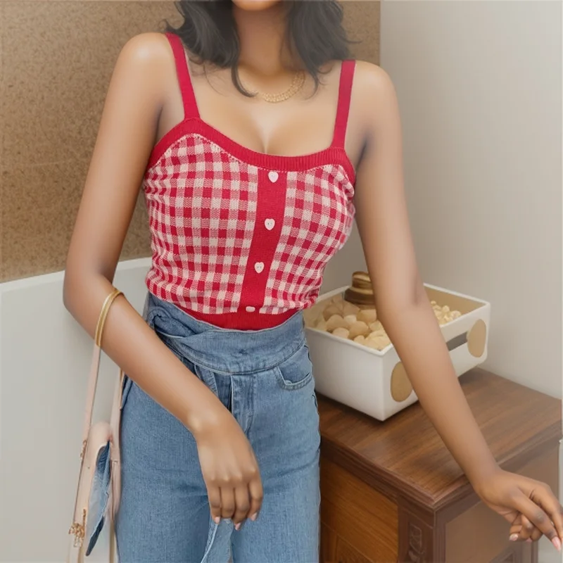 K-POP Inspired Plaid Crop Top for Gen Z & Y2K Fashion | Sleeveless Spaghetti Strap Tank