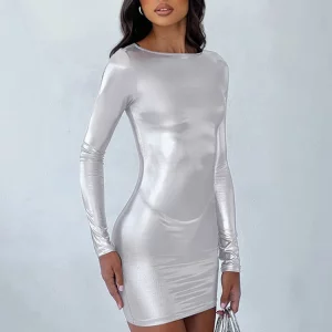 K-POP Inspired Pu Leather Bodycon Mini Dress for Women | Elegant Long Sleeve Evening Party Outfit | Y2K Fashion Style