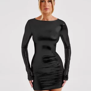 K-POP Inspired Pu Leather Bodycon Mini Dress for Women | Elegant Long Sleeve Evening Party Outfit | Y2K Fashion Style