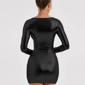 K-POP Inspired Pu Leather Bodycon Mini Dress for Women | Elegant Long Sleeve Evening Party Outfit | Y2K Fashion Style