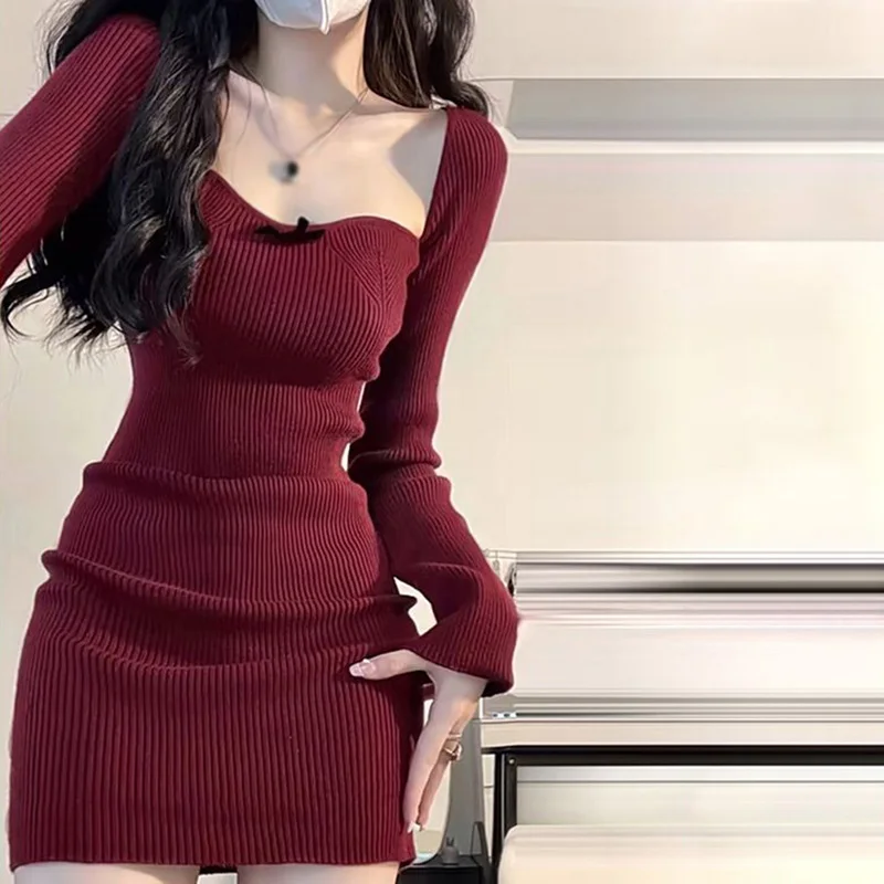 K-POP Inspired Red Bodycon Dress for Gen Z & Y2K Fashion | Square Neck, Long Sleeves, All-match Party Outfit