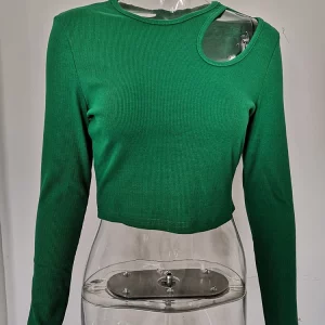 K-POP Inspired Rib Knit Crop Tops: Green & White Long Sleeve Tees