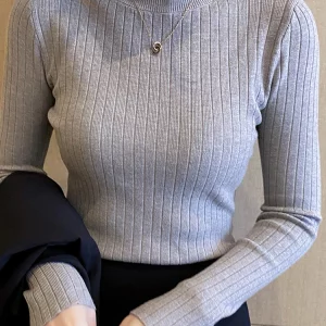 K-POP Inspired Ribbed Mockneck Cashmere Sweater for Women | Cozy Knitted Pullover for Fall/Winter Fashion