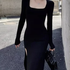 K-POP Inspired Sexy Side Slit Wrap Dress | Black Streetwear Bodycon for Gen Z & Y2K Fashion | Hip-Hugging Long