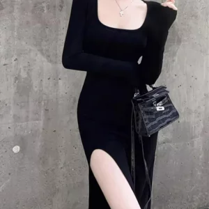 K-POP Inspired Sexy Side Slit Wrap Dress | Black Streetwear Bodycon for Gen Z & Y2K Fashion | Hip-Hugging Long