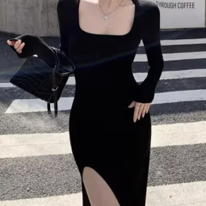 K-POP Inspired Sexy Side Slit Wrap Dress | Black Streetwear Bodycon for Gen Z & Y2K Fashion | Hip-Hugging Long