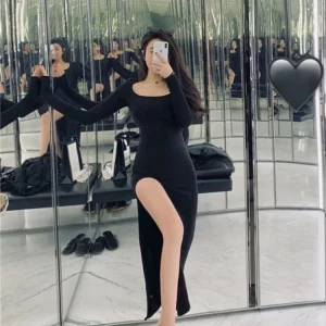 K-POP Inspired Sexy Side Slit Wrap Dress | Black Streetwear Bodycon for Gen Z & Y2K Fashion | Hip-Hugging Long