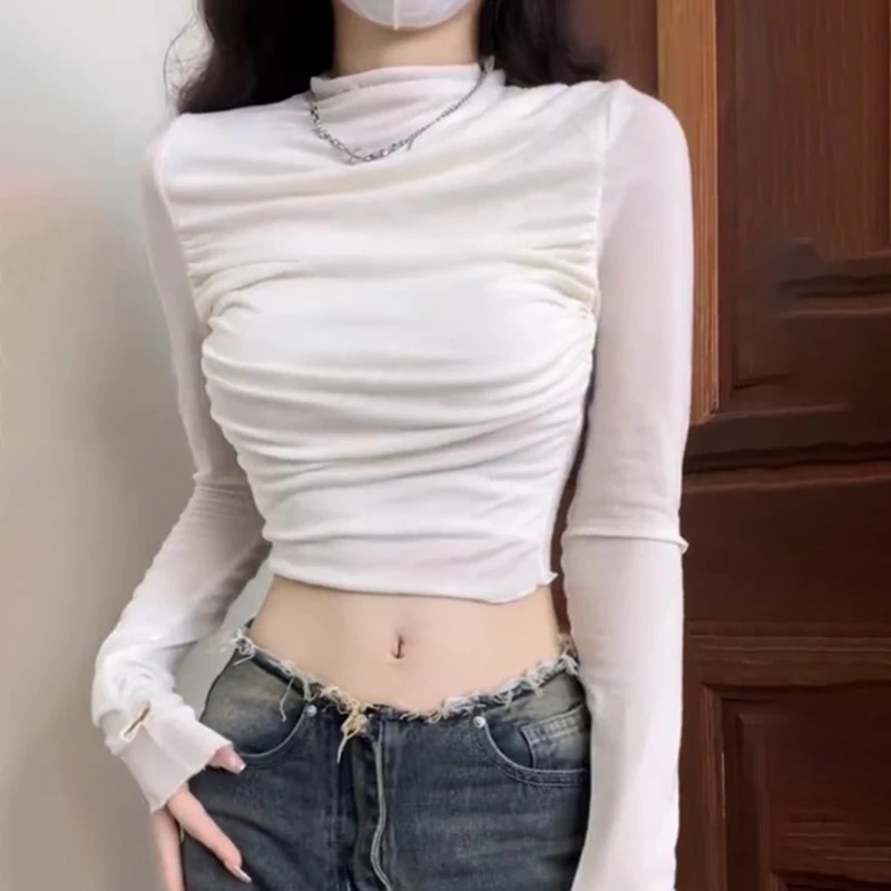 K-POP Inspired Solid Color Pleated Turtleneck Long Sleeve Shirt for Gen Z and Y2K Fashion