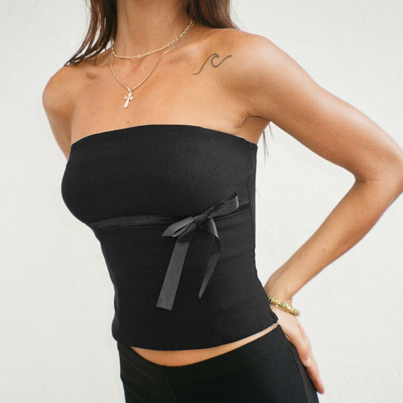 K-POP Inspired Strapless Tank Top with Bowtie Detail - Gen Z Streetwear Fashion