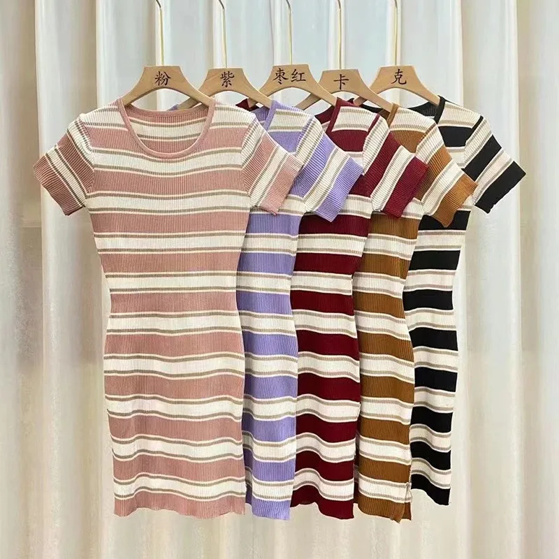 K-POP Inspired Striped Dress: Trendy Short Sleeve Crew Neck Style