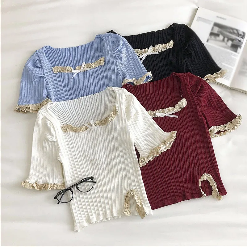 K-POP Inspired Summer Women's Square Neck Lace T-Shirt - Y2K Fashion