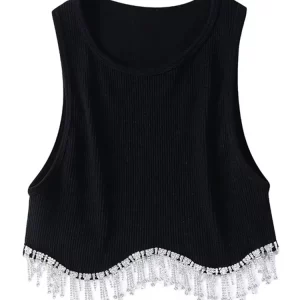 K-POP Inspired Tassel Beaded Knit Crop Top for Trendy Gen Z & Y2K Fashion