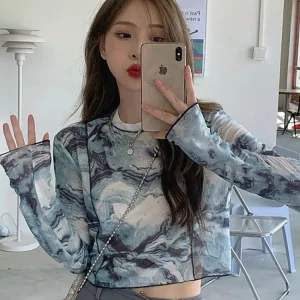 K-POP Inspired Tie-Dye Long Sleeve Crop Top | Streetwear Fashion for Gen Z & Y2K Style | Korean Chic Tee for Teens