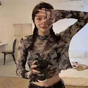 K-POP Inspired Tie-Dye Long Sleeve Crop Top | Streetwear Fashion for Gen Z & Y2K Style | Korean Chic Tee for Teens