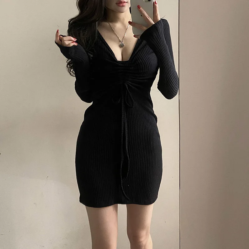 K-POP Inspired V-Neck Bodycon Mini Dress for Women | Streetwear Fashion for Autumn & Winter