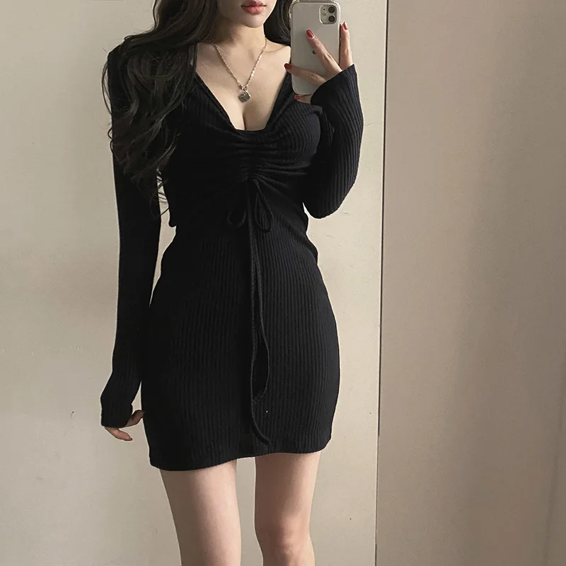 K-POP Inspired V-Neck Bodycon Mini Dress for Women | Streetwear Fashion for Autumn & Winter