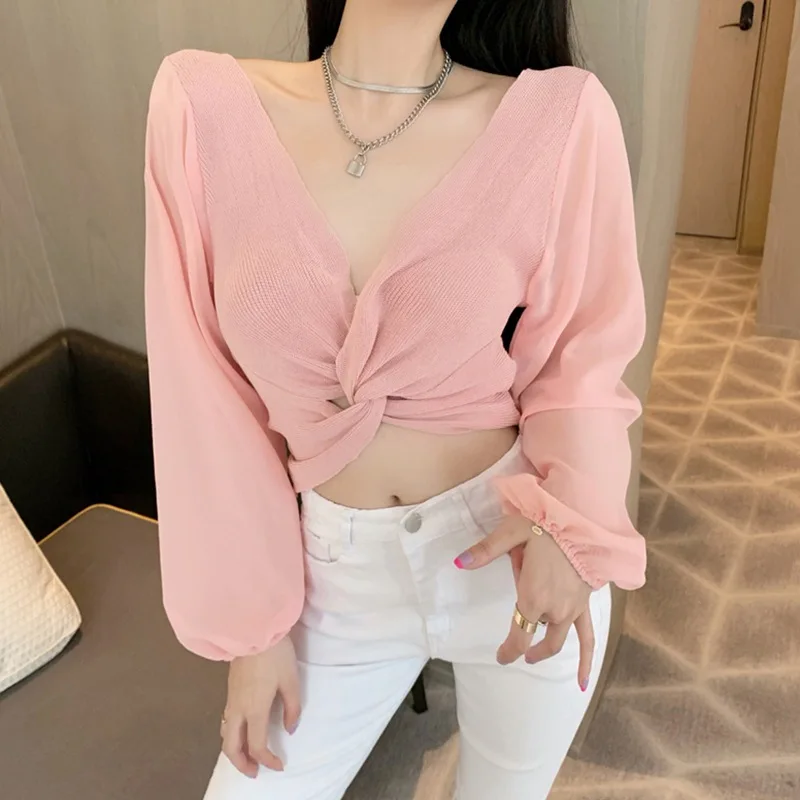 K-POP Inspired V-Neck Cross Knotted Chiffon Top for Gen Z & Y2K Fashion