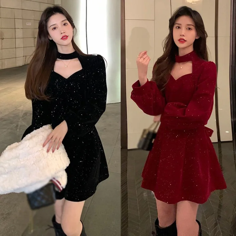 K-POP Inspired Velvet Neck Dress for Women | Stylish Autumn & Winter Fashion