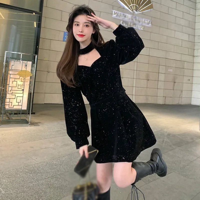 K-POP Inspired Velvet Neck Dress for Women | Stylish Autumn & Winter Fashion