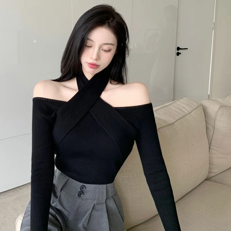 K-POP Inspired Winter Sweater: Knitted Off-Shoulder Long Sleeve Top