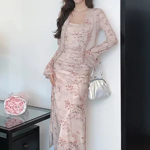 K-POP Inspired Women's Chic Long Sleeve Top and Floral Sling Dress Set