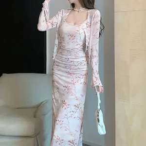 K-POP Inspired Women's Chic Long Sleeve Top and Floral Sling Dress Set