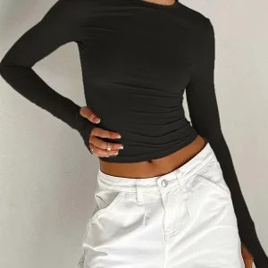 K-POP Inspired Women's Long Sleeve Crop Top with Thumb Holes - Trendy Streetwear Fashion for Gen Z and Y2K Style