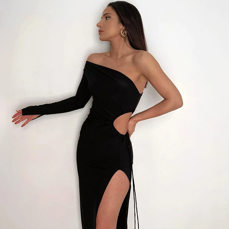 K-POP Inspired Women's One-Shoulder Slit Long Dress for Gen Z & Y2K Fashion