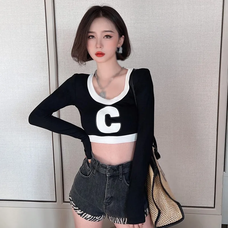 K-POP Inspired Women's Slim Fit Long Sleeve T-Shirt with Exposed Navel