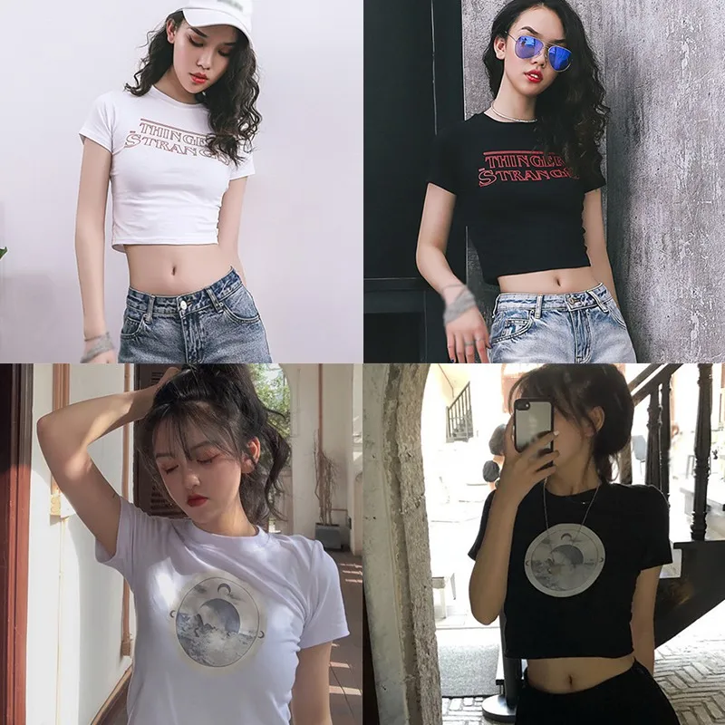 K-POP Inspired Women's Slim Fit O-Neck T-Shirt with Exposed Navel - Streetwear Fashion