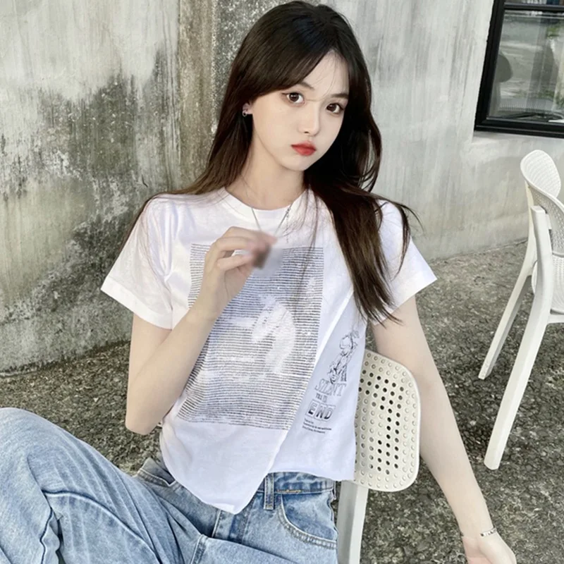 K-POP Inspired Women's Summer T-shirt with Irregular Stitching and Letter Print Design