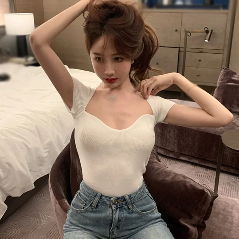 K-POP Inspired Women's Summer T-Shirts: Square Collar Slim Fit Knit Top